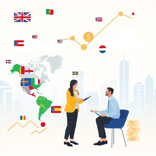 全球債券與多樣化旗幟及貨幣的插圖