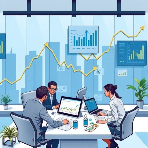 一個動態的股市場景,顯示上升的圖表與數位螢幕