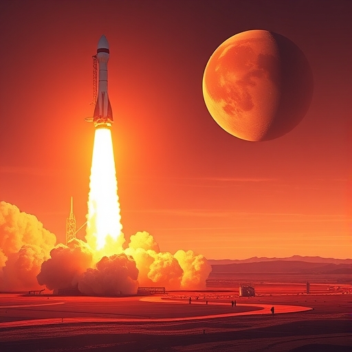 壯觀的火箭在日出時發射