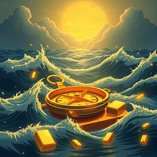 在暴風雨海中閃耀的金色羅盤