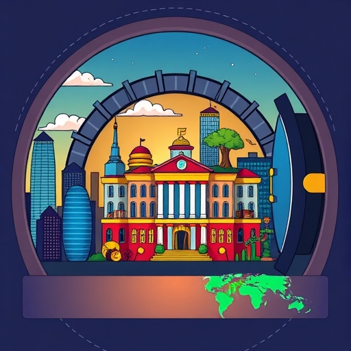 一個大型保險庫,裡面擺滿多種資產與投資,代表主權財富。