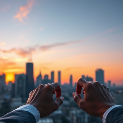 城市天際線與股市圖表的日落景觀