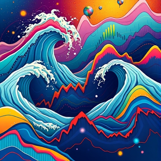 一幅視覺化市場心理與價格運動相互影響的圖片,顏色鮮明。