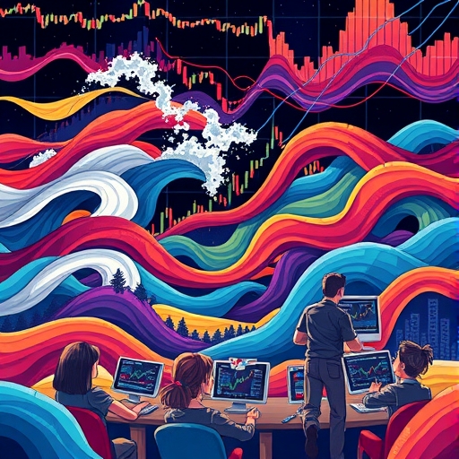 一幅描繪交易者使用艾略特波浪理論分析市場模式的圖片。