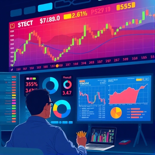 一幅呈現波動的股市和數位螢幕的插圖