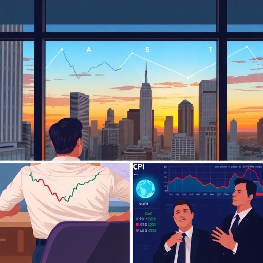 晚霞中的繁華城市天際線，附帶經濟指標