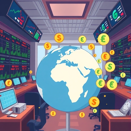 一間繁忙的外匯交易樓層,數位顯示器顯示貨幣波動。