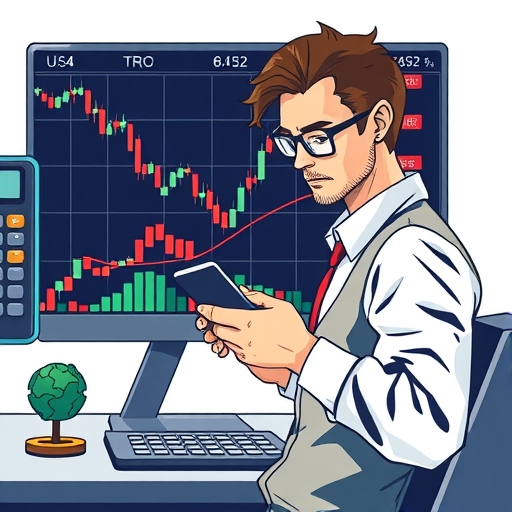 一位自信的投資者手持計算器,站在股票交易螢幕前