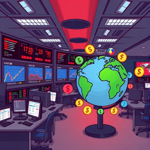 地球儀周圍有動態貨幣符號,代表全球貿易。