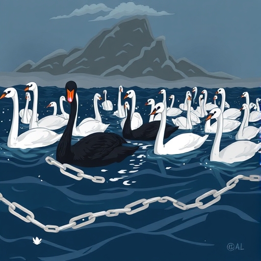 一隻黑天鵝在白天鵝中間游泳,象徵著稀有事件