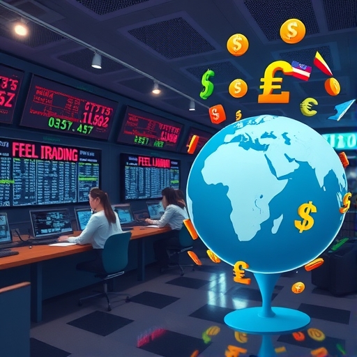 外匯交易過程的插圖,顯示多種貨幣的交易。