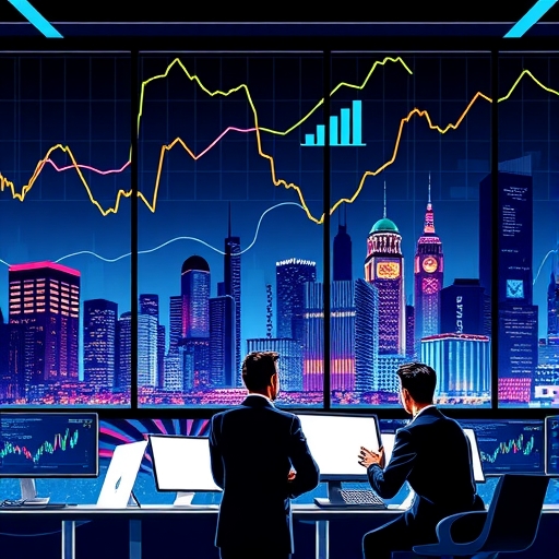 投資者在現代辦公環境中討論策略,旁邊有數位螢幕