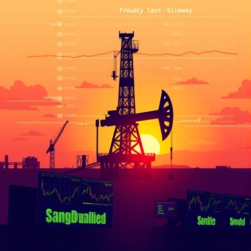 一處石油平台矗立在壯麗的日落背景下