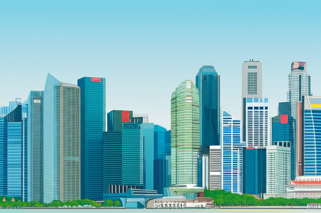 新加坡元鈔票特寫,背景模糊的新加坡天際線。