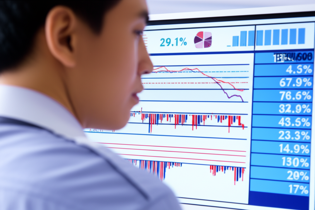 一個動態抽象的股市趨勢圖,線條和K線模式起伏,象徵市場波動和動態,背景隱約可見數據點和成長曲線。