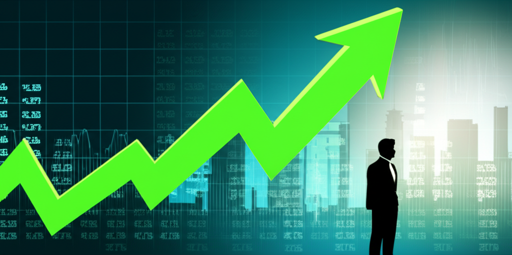 一位投資者正在審視股票市場的螢幕，畫面中包含牛市與熊市的圖示，象徵市場的漲跌與投資決策。