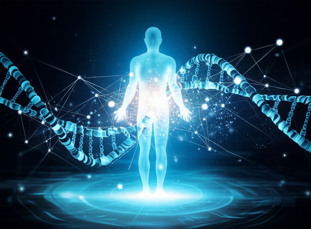 複雜的生物分子結構圖，象徵生物科技研究。