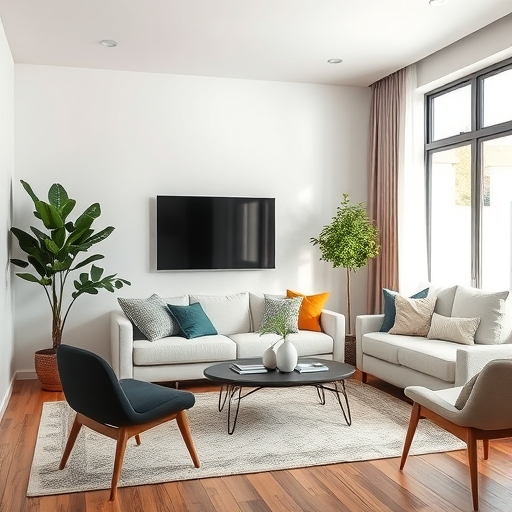 一個佈置溫馨且裝潢現代的客廳。