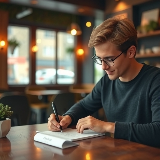 一個人在舒適的咖啡館裡寫筆記