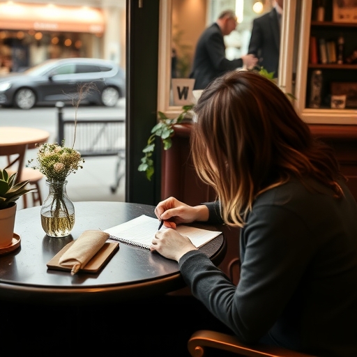 一個人在舒適的咖啡館裡寫筆記