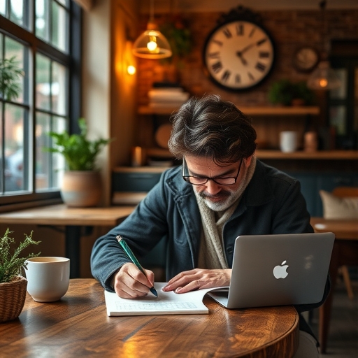 一個人在舒適的咖啡館裡寫筆記