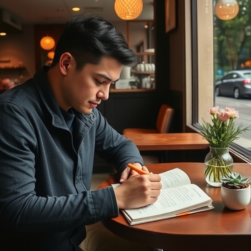 一個人在舒適的咖啡館裡寫筆記