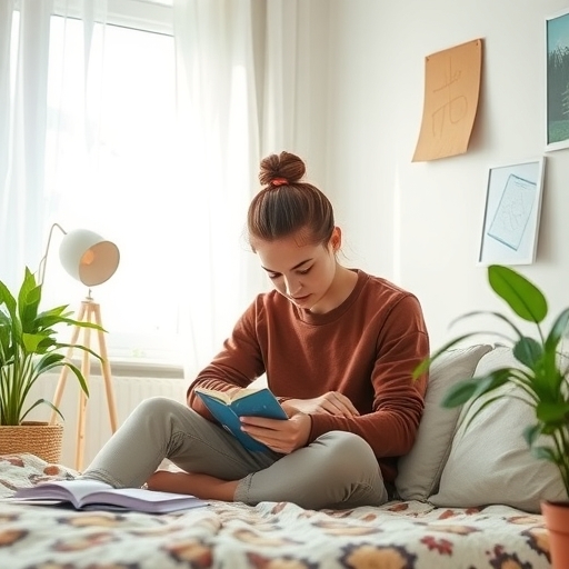一位學生在舒適的房間內讀書