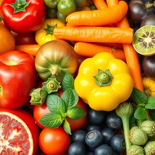 一堆色彩繽紛的蔬果,包含葡萄、柑橘、莓果等。