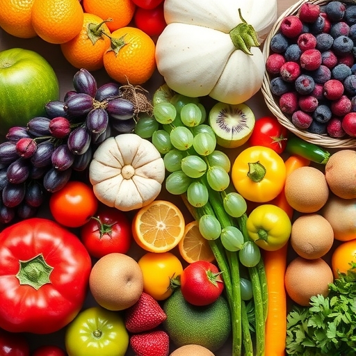 桌面上散落著色彩豐富的水果和蔬菜,包括蘋果、橘子、綠葉蔬菜。