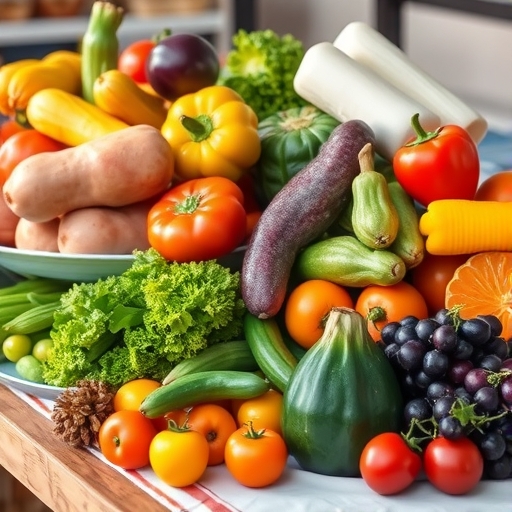 桌上擺放著色彩繽紛的新鮮蔬果