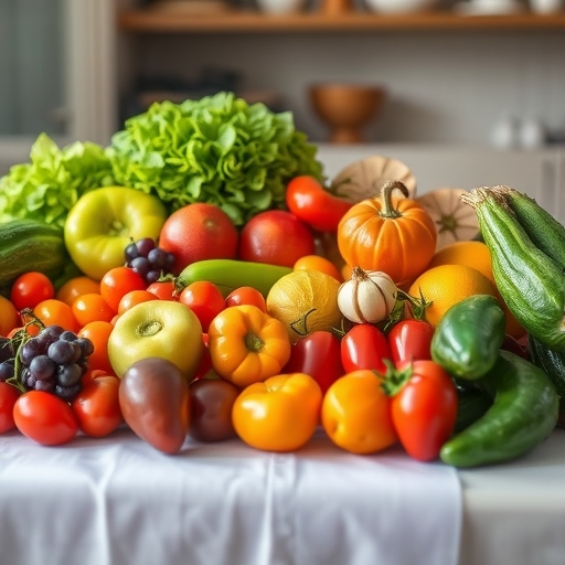桌上擺放著色彩繽紛的新鮮蔬果