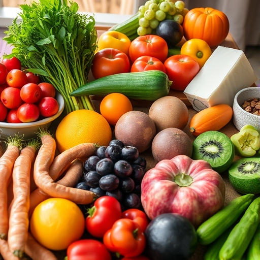 桌上擺放著色彩繽紛的新鮮蔬果