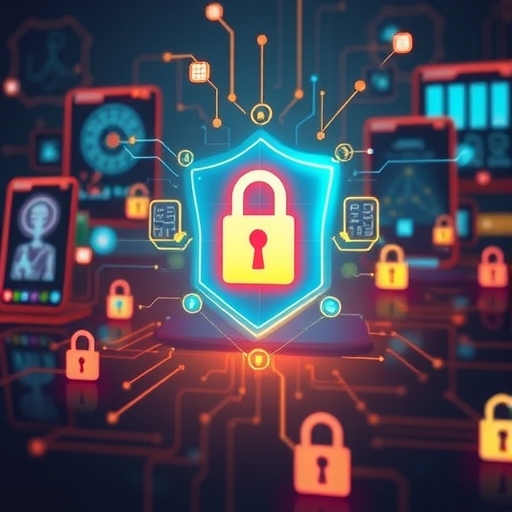 一個數位安全概念的插圖,展示了數據保護和網絡安全。