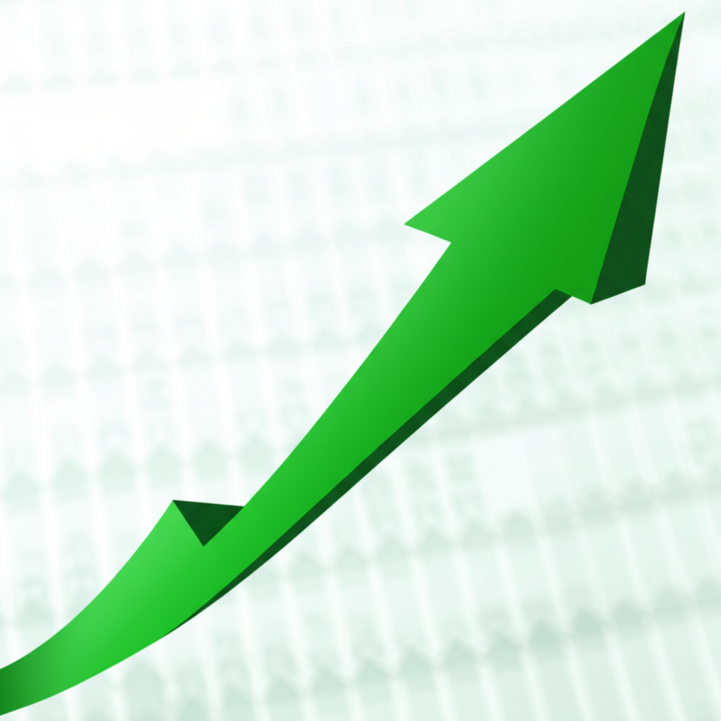 一個未來感和樂觀的金融圖表,顯示上升趨勢,以綠色(看漲)K線和上升折線圖為特徵,象徵成長、復甦和正向市場展望。