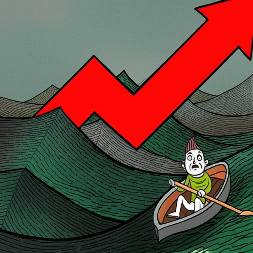 投資人在股市風暴中艱難前行,面對股價急升的紅色箭頭充滿憂慮