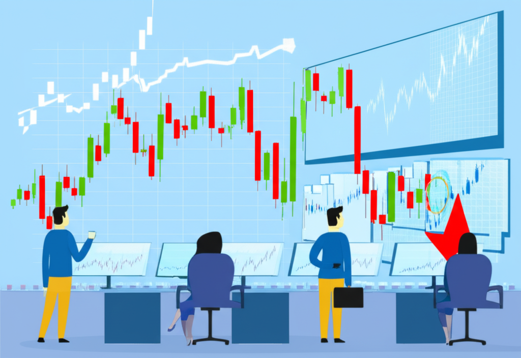 金融市場場景插圖,投資者觀看K線圖,突出陰線象徵賣壓,是智能交易決策的基礎工具