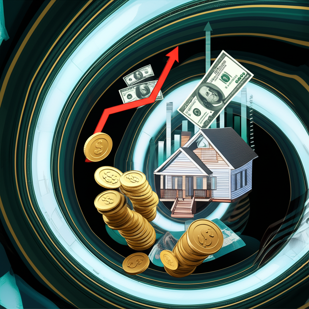 金融元素如現金、股票和房屋在動態抽象金融景觀中順暢流動,象徵流動性的無所不在及其對穩定性和決策的影響