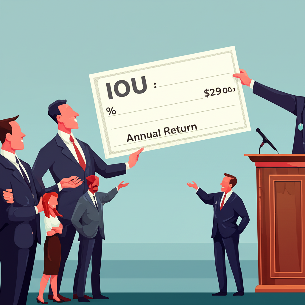 政府官員遞交大型借據給群眾象徵公債,伴隨計算器與圖表顯示殖利率公式及價格變動