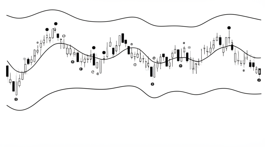 股票圖表顯示布林通道的三條線,中軌為平滑平均,上軌與下軌為標準差邊界,數據點散佈於通道內