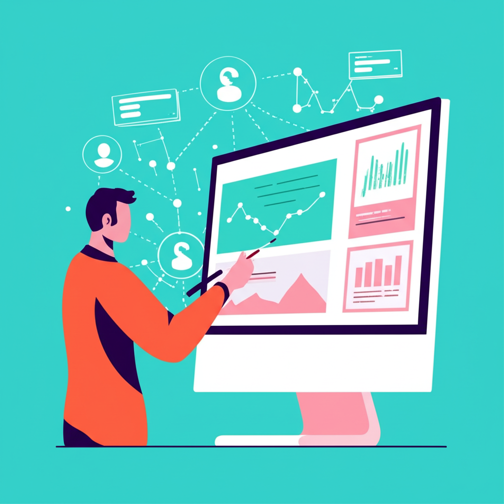 股票跟單自動鏡像交易的插圖,顯示個人數位帳戶同步資深交易者的股票操作,包括財務圖表和數位連結