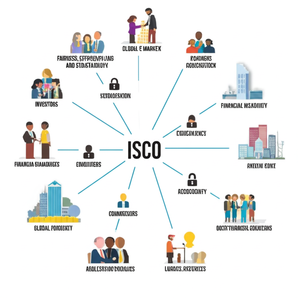 IOSCO全球金融網絡插圖,展示連接各國與機構的樞紐象徵公正、高效與穩定