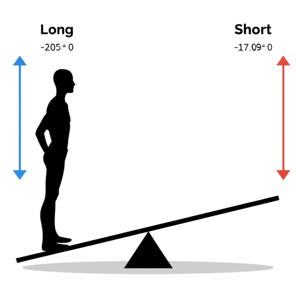 投資人站在翹翹板上,箭頭顯示多空倉位,計算價格差額的盈虧