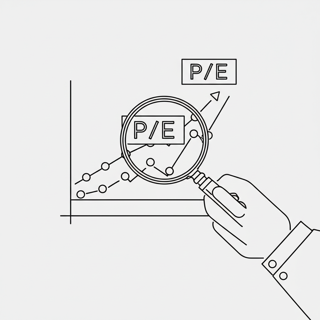 手持放大鏡檢視股票圖表與本益比數字的插圖