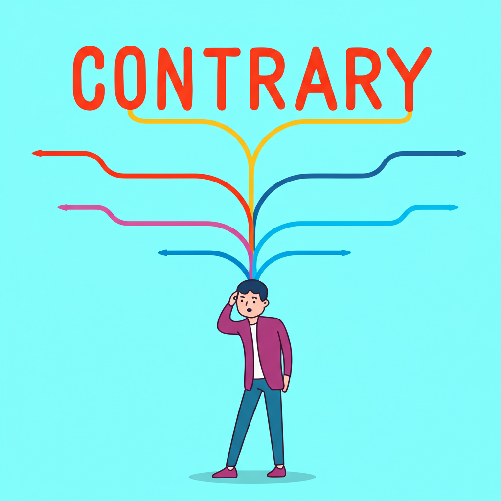 好奇人士探索 contrary 詞彙多重含義的學習插圖
