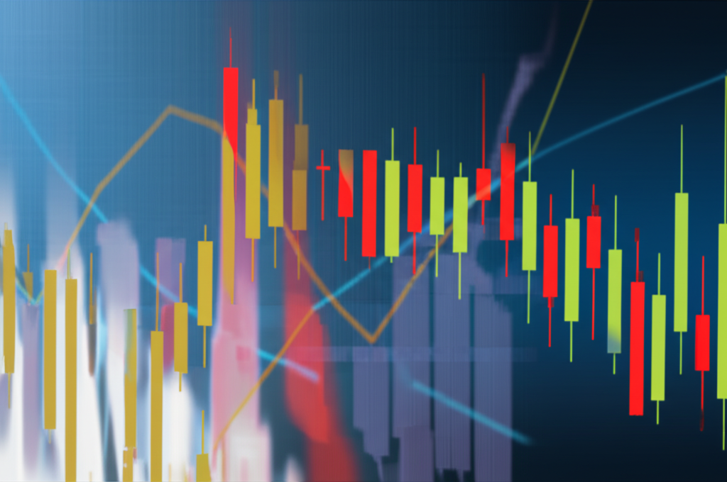 An illustration of a dynamic financial market with abstract price movements and a prominent candlestick chart in the foreground symbolizing market sentiment and the battle between buyers and sellers illustration style