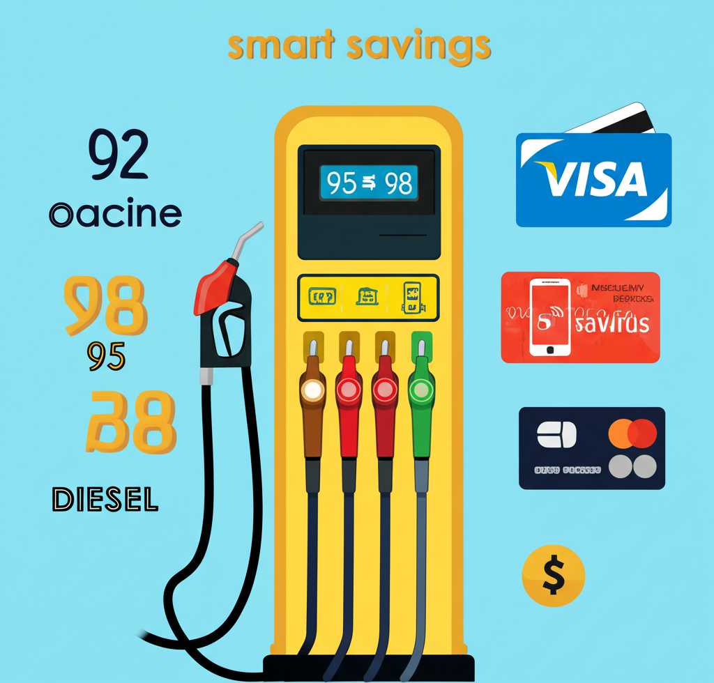 油槍顯示92、95、98汽油及柴油,支付圖示包括信用卡和會員卡,強調節省價值