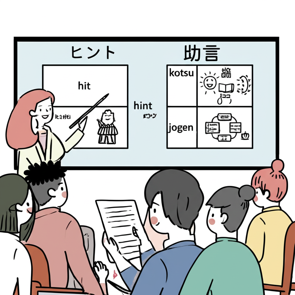 台灣與香港學習者參與日語課堂,老師用白板和圖表解釋ヒント、こつ與助言的細微差異