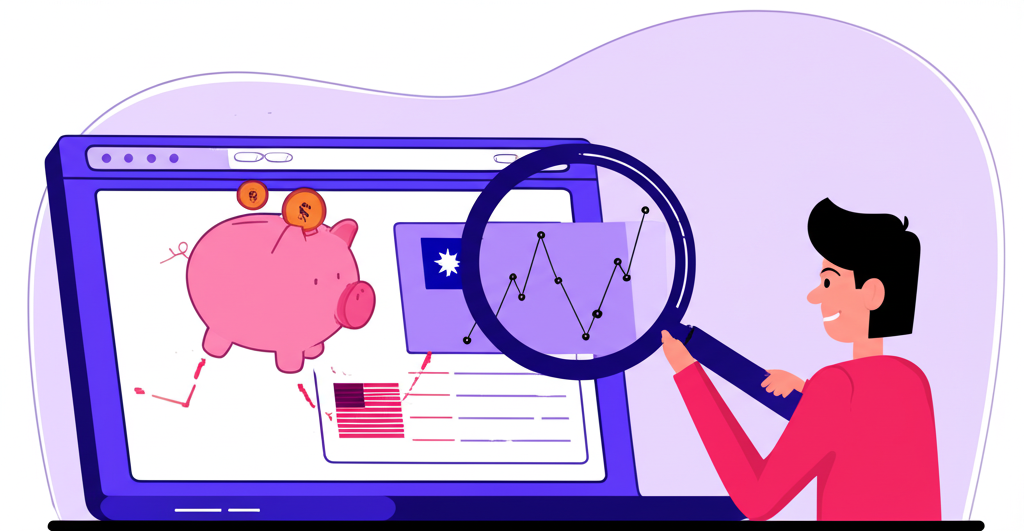 台灣或香港投資人透過筆電查看美股圖表,放大鏡揭示隱藏費用如手續費稅金與匯率,資金流入存錢筒象徵財務成長