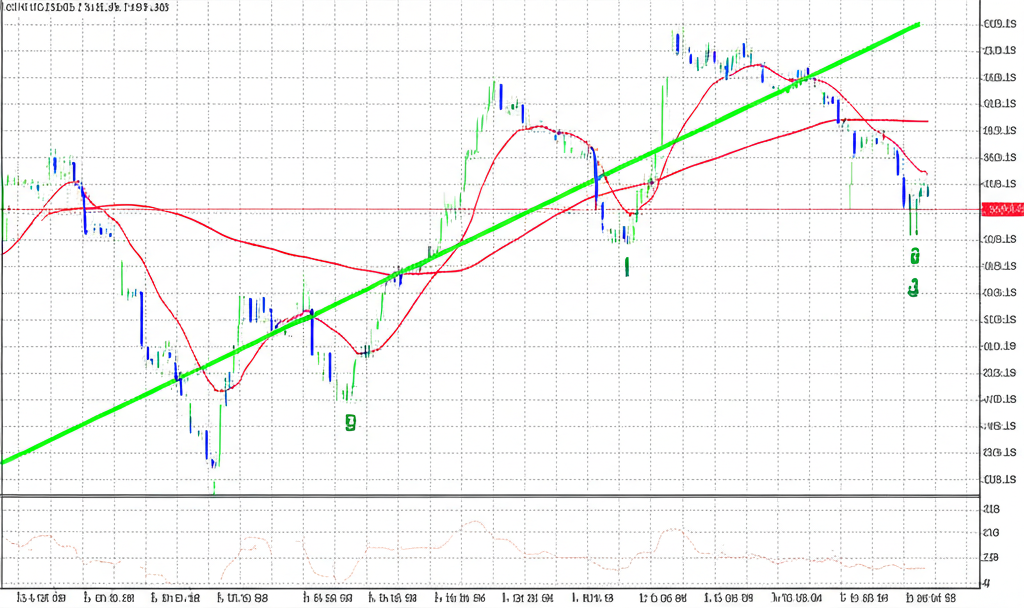 KDJ指標K線D線J線在股票圖表上的互動與交叉信號示意圖