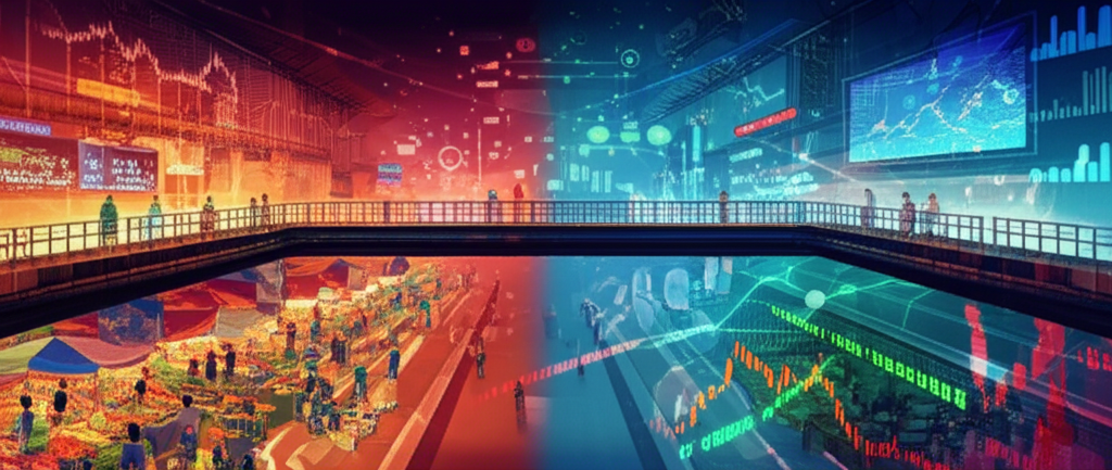 連接繁忙日常市場場景與複雜金融市場的橋樑插圖,象徵價格差異概念的轉變,包含股票圖表和數據流